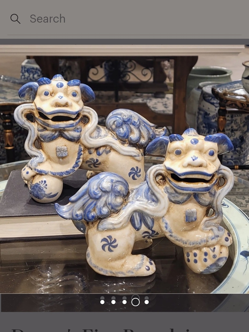 Blue and Cream Ceramic Foo Dog Pair - Decorative Home Art